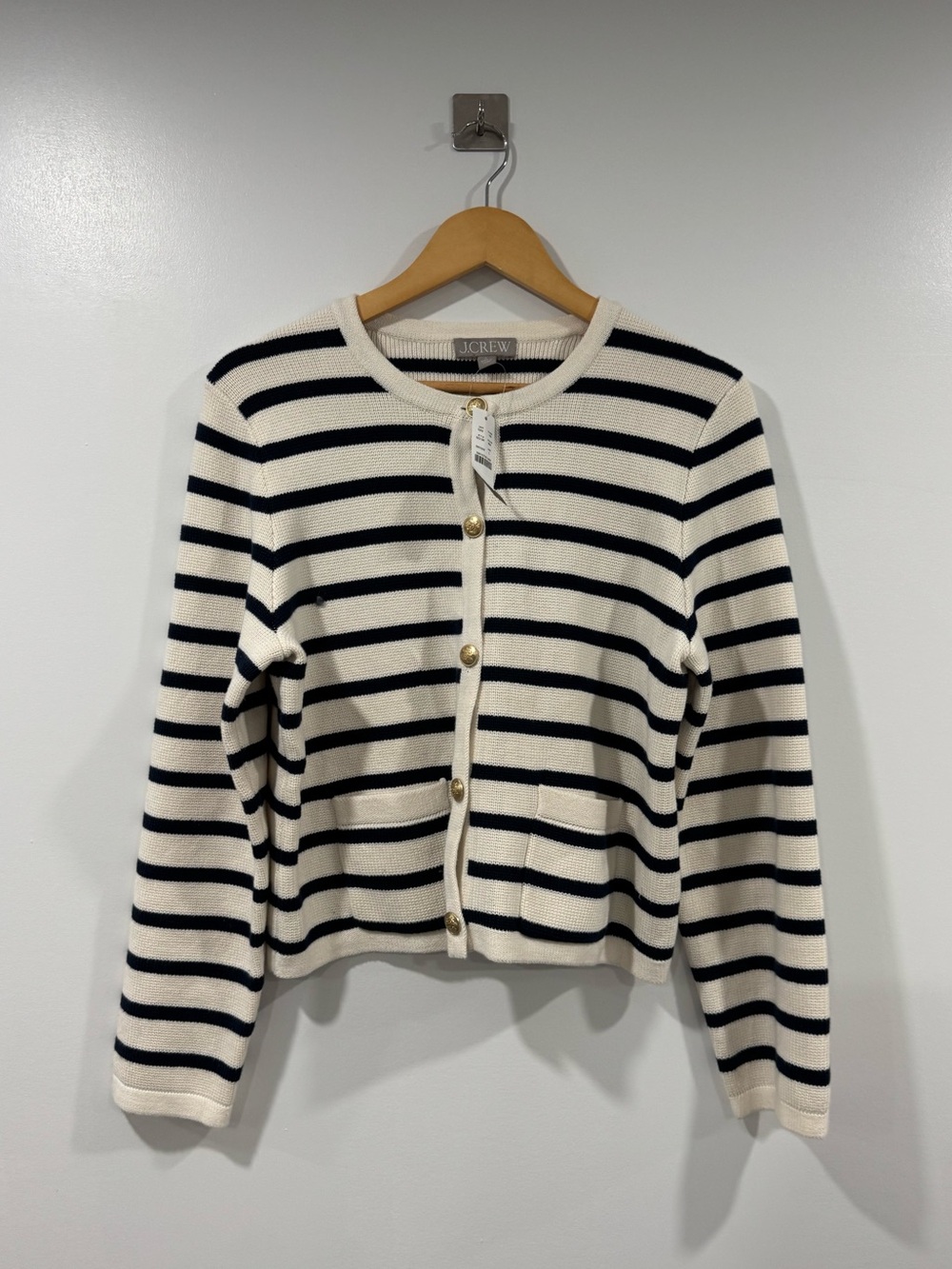 NWT J. Crew Women Navy Stripe Emilie Sweater Cardigan Size Large